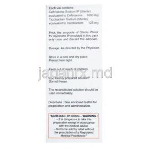 Accutaz AS Injection, Ceftriaxone 1000 mg / Tazobactum 125 mg, Macleods Pharmaceuticals Pvt Ltd , box back presentation with information