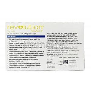 レボリューション  猫とウサギ用,  セラメクチンスポットオン (外用薬) 1mLあたり60mg,製造元：Zoetis Australia, 箱裏面情報