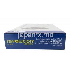 レボリューション  猫とウサギ用,  セラメクチンスポットオン (外用薬) 1mLあたり60mg,製造元：Zoetis Australia, 箱側面