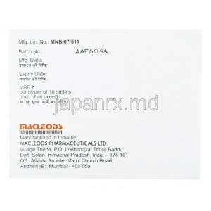 アルゲシア P, アセクロフェナク 100mg/ アセトアミノフェン 325mg, 製造元：Macleods Pharmaceuticals Pvt Ltd, 箱裏面