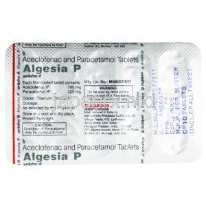 アルゲシア P, アセクロフェナク 100mg/ アセトアミノフェン 325mg, 製造元：Macleods Pharmaceuticals Pvt Ltd, シート裏面情報