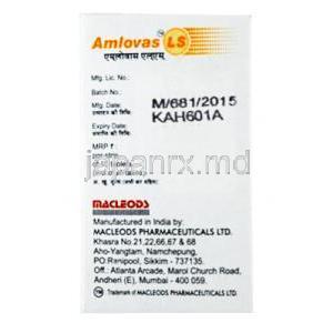 アムロバス LS, ロサルタン 50mg/ アムロジピン 5mg, 製造元：Macleods Pharmaceuticals Pvt Ltd, 箱側面情報