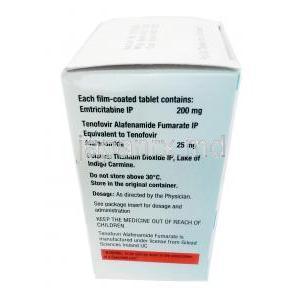 タフィシタ, エムトリシタビン 200mg/ テノホビル 25mg, 30錠, 製造元：Mylan, 箱情報, 成分