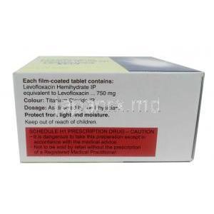 レボフロックス 750, レボフロキサシン 750mg, 製造元：Cipla, 箱情報, 注意事項