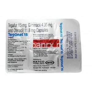 テゴナット,テガフール 15mg/ ギメラシル 4.35mg/ オテラシル 11.8mg, 7カプセル,製造元： Natco Pharma, シート情報