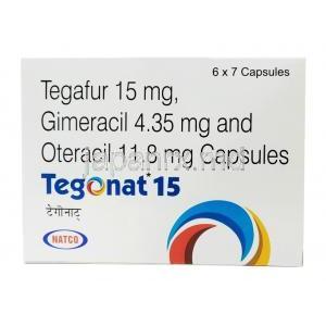 テゴナット,テガフール 15mg/ ギメラシル 4.35mg/ オテラシル 11.8mg, 7カプセル,製造元： Natco Pharma, 箱表面