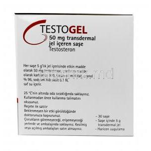 テストジェル,テストステロン 50mg, 30 包 (5g), 製造元：Besins International, 箱情報, 注意事項
