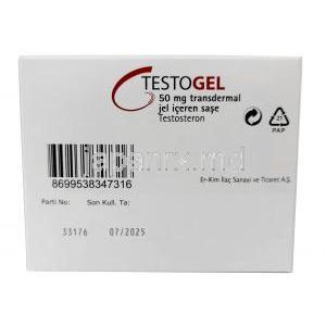 テストジェル,テストステロン 50mg, 30 包 (5g), 製造元：Besins International, 箱情報, 消費期限
