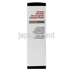 アズマネックス ツイストヘラー, モメタゾンフランカルボン酸エステル 200 mcg, インヘラー (吸入剤 + 吸入器) 60回分,製造元：MSD, 箱側面情報