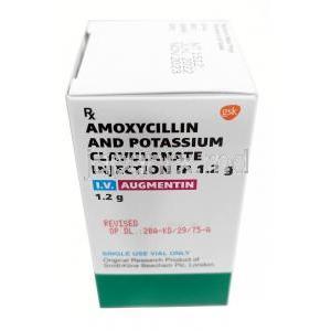オーグメンチン 静脈注射,  アモキシシリン 1g/ クラブラン酸カリウム 200mg, バイアル, 製造元：GSK, 箱側面