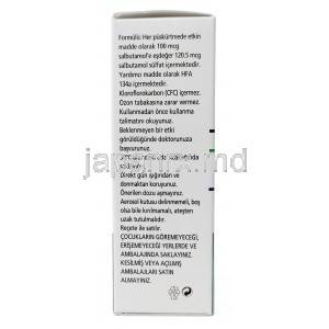 サレス インヘラー,サルブタモール 100 mcg, インヘラー 200 MD,製造元： Deva Holdings, 箱側面情報