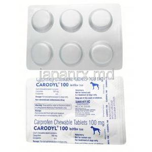 カロディル  100, カプロフェン 100 mg, 6 錠, 製造元：Sava Vet, シート表面, シート裏面