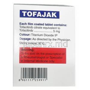 トファジャク,トファシチニブ 5mg, 60錠, 製造元：Cipla Ltd, 箱情報, 注意事項