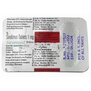 シロムス, シロリムス(ラパマイシン) 1mg, 製造元：Zydus Cadila,シート情報
