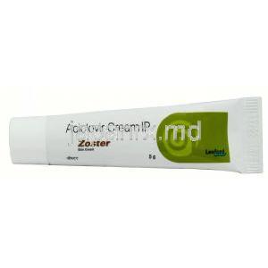 ゾースタークリーム, アシクロビル 5%, クリーム 5g, 製造元：Leeford Healthcare Ltd, チューブ表面