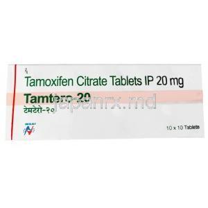 タムテロ 20, モキシフェン 20mg, 製造元：Hetero Drugs Ltd, 箱表面