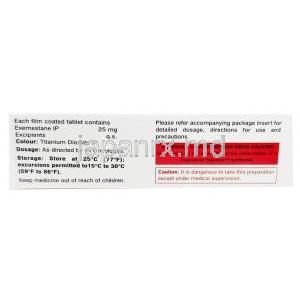 エクセル,  エキセメスタン  25 mg, 製造元：Celron, 箱情報, 注意事項