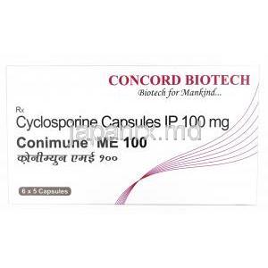 コニミューン ME,シクロスポリン 100mg, 製造元：Concord Biotech Ltd, 箱表面
