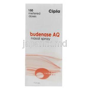 ブデネース AQ 鼻スプレー, ブデソニド 100mg,鼻スプレー  7.5mL (150回分),製造元：Cipla, 箱裏面