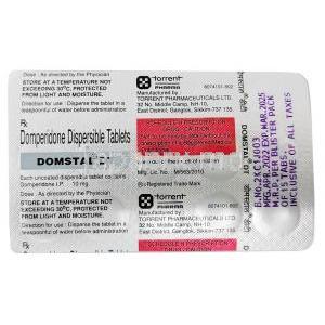 ドムスタル DT,ドンペリドン 10mg, 口腔内崩壊錠, 製造元：Torrent Pharma,シート情報