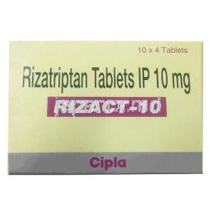 リザクト 10, 安息香酸リザトリプタン 10mg, 製造元：Cipla, 箱表面