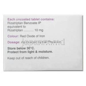 リザクト 10, 安息香酸リザトリプタン 10mg, 製造元：Cipla, 箱情報, 成分