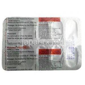 メフォミン , メトホルミン1000mg, 錠剤, 製造元：Macleods, シート情報