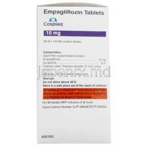 コスピアク,エンパグリフロジン 10mg, 製造元：Torrent Pharmaceuticals Ltd,箱情報, 成分, 注意事項