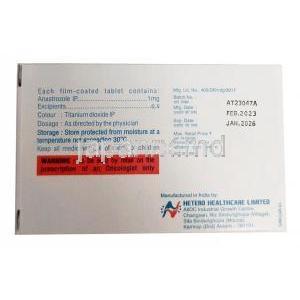 アナテロ, アナストロゾール 1mg, 製造元：Hetero Drugs Ltd, 箱情報, 製造日, 消費期限