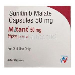 ミタント50mg, スニチニブ 50mg,カプセル,製造元： Hetero Drugs Ltd, 箱表面