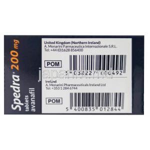 スペドラ, アバナフィル 200mg, 製造元：A.Menarini Farmaceutica Internazionale S.R.L, 箱裏面