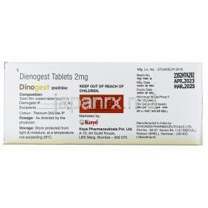 ディノゲスト, ジエノゲスト 2mg, 製造元：Koye Pharmaceutical, 箱情報