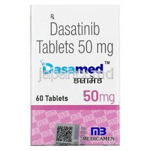 ダサメド,ダサチニブ 50mg, 60錠（ボトル入り),製造元： Medicamen Biotech Ltd, 箱表面