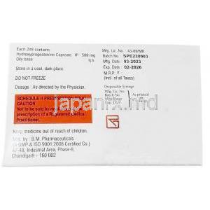 ビオステロン デポー注射, ヒドロキシプロゲステロン 500mg,2mL 注射バイアル, 製造元：Biochem Pharmaceutical Industries,箱情報