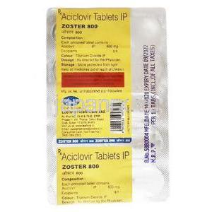 ゾスター 800, アシクロビル 800mg, 製造元：Leeford Healthcare, シート情報