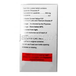 ヘルタブ,  ラパチニブ 250 mg, 30錠, 製造元：Hetero Healthcare Ltd,箱情報, 成分, 注意事項