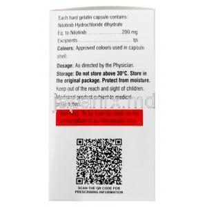 ニンリブ, ニロチニブ 200mg, 30カプセル, 製造元：Hetero Healthcare Ltd, 箱情報, 成分, 注意事項