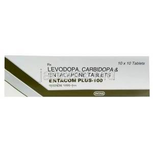 エンタコム プラス, レボドパ 100mg/ カルビドパ 25mg/ エンタカポン 200mg, 製造元： Intas Pharma, 箱表面