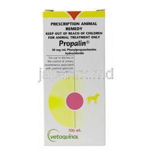 プロパリンシロップ, フェニールプロパノールアミン 1mLあたり50mg, シロップ 100mL, 製造元：Vetoquinol Australia Pty Ltd, 箱表面
