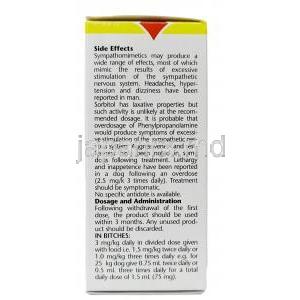 プロパリンシロップ, フェニールプロパノールアミン 1mLあたり50mg, シロップ 100mL, 製造元：Vetoquinol Australia Pty Ltd, 箱情報, 副作用