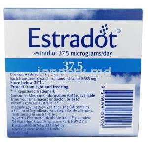 エストラドット 経皮吸収パッチ, エストラジオール,37.5mcg／日,製造元： Novartis, 箱情報, 保管方法