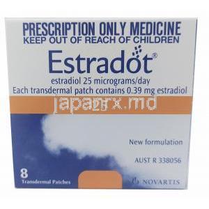 Estradot Patches, Oestradiol(Estradiol) 25mcg per 24 Hrs, Novartis, Box front view