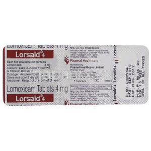 ロルノキシカム（ロルカムジェネリック）, Lorsaid, 4MG 錠 (Piramal) 包装裏面