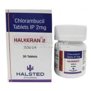 ハルケラン 2,クロラムブシル 2mg, 30錠, 製造元：Halsted Pharma, 箱, ボトル表面