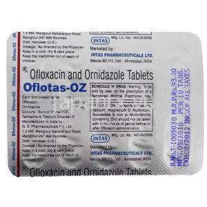 オフロキサシン/ オルニダゾール（フロマックス-DZ ジェネリック）, Oflotas-OZ, 200mg/ 500mg 錠 (Intas) 包装