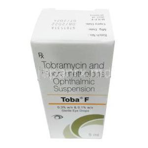 トバ F 点眼/点耳薬, トブラマイシン 0.3% w/v/ フルオロメトロン 0.1% w/v,点眼/点耳薬 5mL,製造元：Sun Pharmaceutical Industries, 箱表面