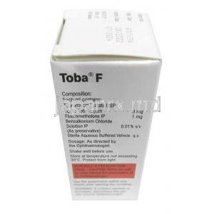 トバ F 点眼/点耳薬, トブラマイシン 0.3% w/v/ フルオロメトロン 0.1% w/v,点眼/点耳薬 5mL,製造元：Sun Pharmaceutical Industries, 箱情報, 成分