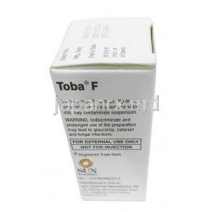 トバ F 点眼/点耳薬, トブラマイシン 0.3% w/v/ フルオロメトロン 0.1% w/v,点眼/点耳薬 5mL,製造元：Sun Pharmaceutical Industries, 箱情報, 注意事項