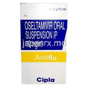 アンチフル 経口懸濁液,リン酸オセルタミビル 1mLあたり 12 mg ,経口懸濁液 75mL, 製造元：Cipla, 箱表面