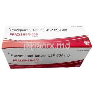 プラジッシャー,プラジカンテル 600mg, 製造元：Asher Pharmaceuticals, 4錠 X 10シート入り箱表面